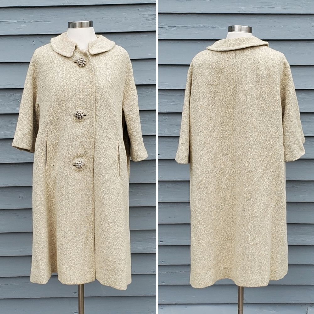 Vintage 50s 60s Retro Pin Up Jackie O Kennedy Swing Mod Boucle Wool Trench Coat